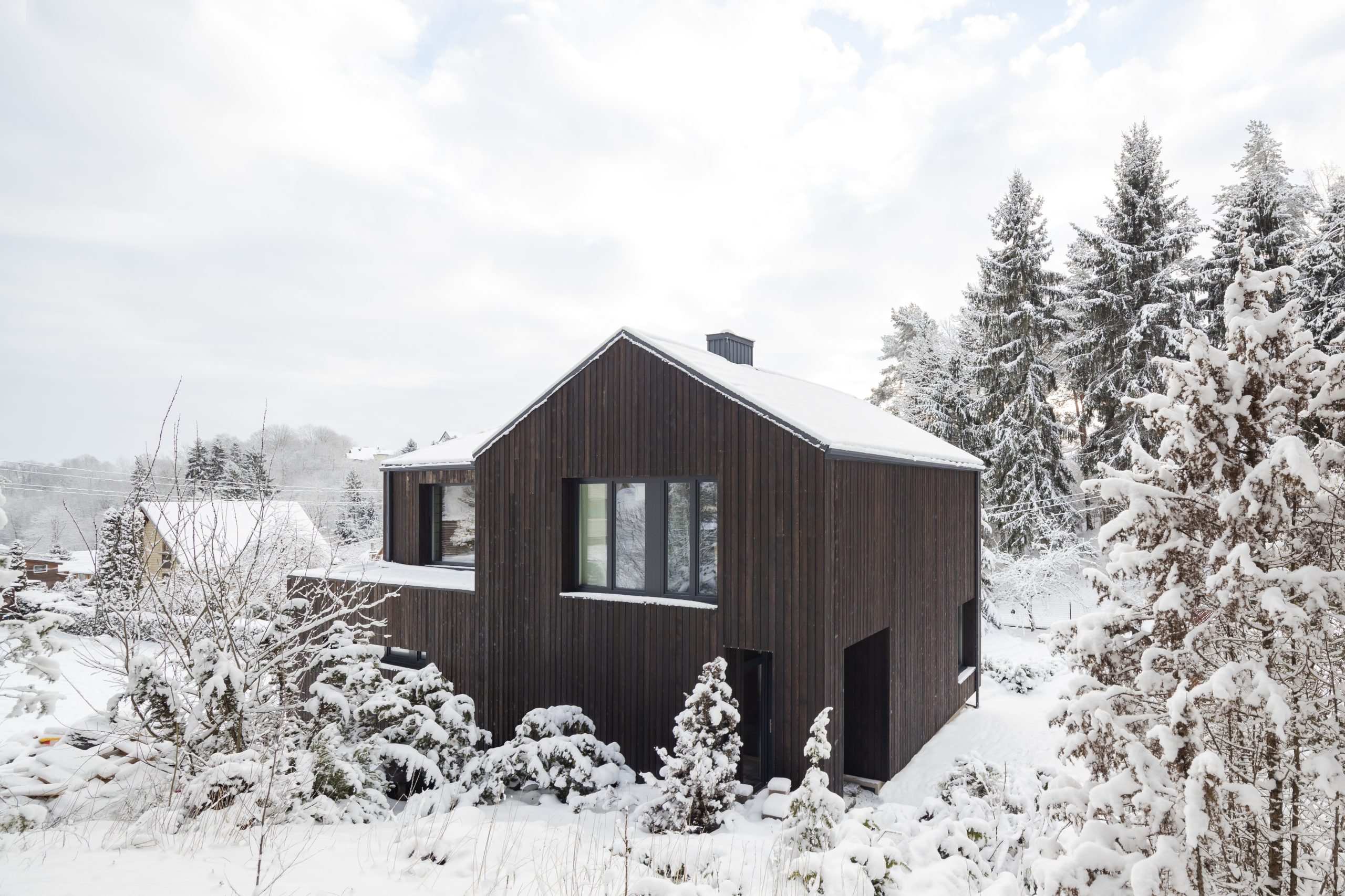 Casa moderna revestida con madera Yakisugi oscura, rodeada de nieve y pinos, mostrando resistencia del revestimiento en clima invernal extremo.