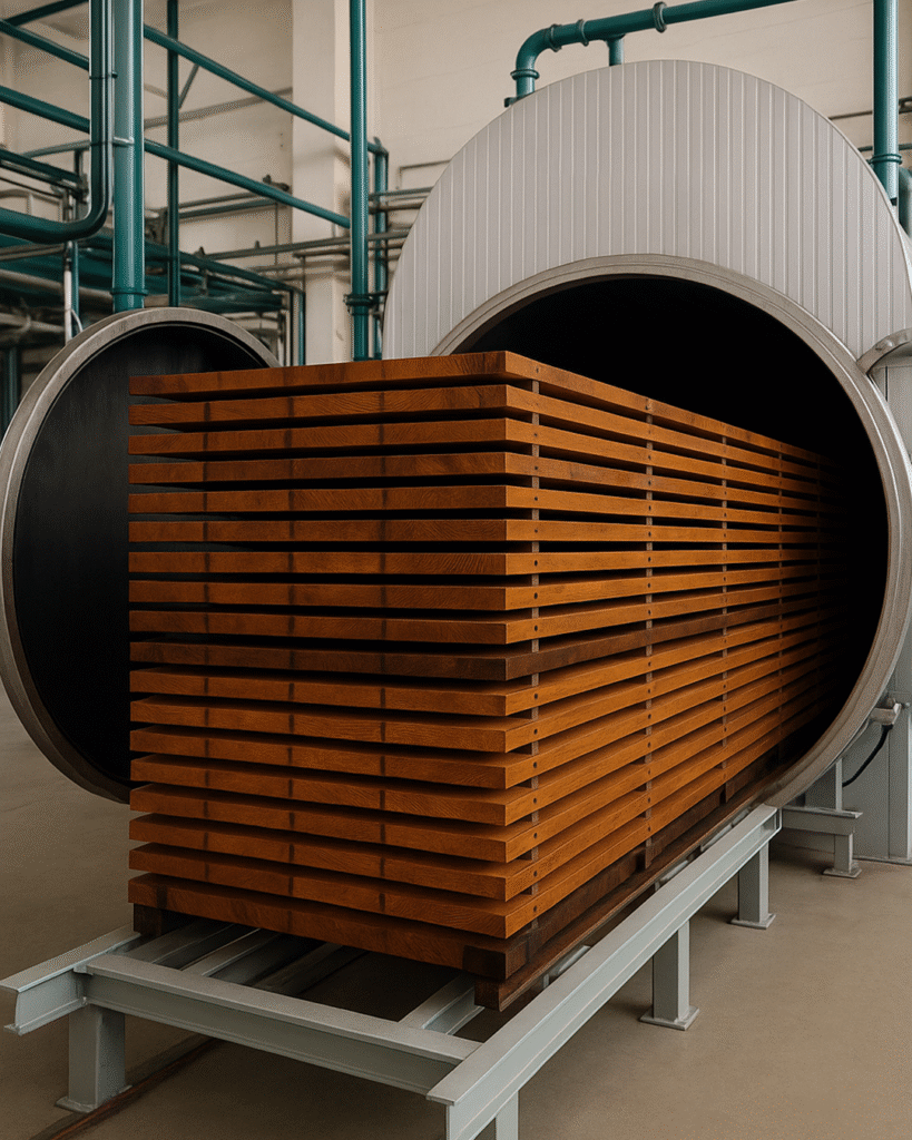 madera termotratada en horno industrial: proceso termo-d con calor y vapor que mejora estabilidad y durabilidad para fachadas y tarimas